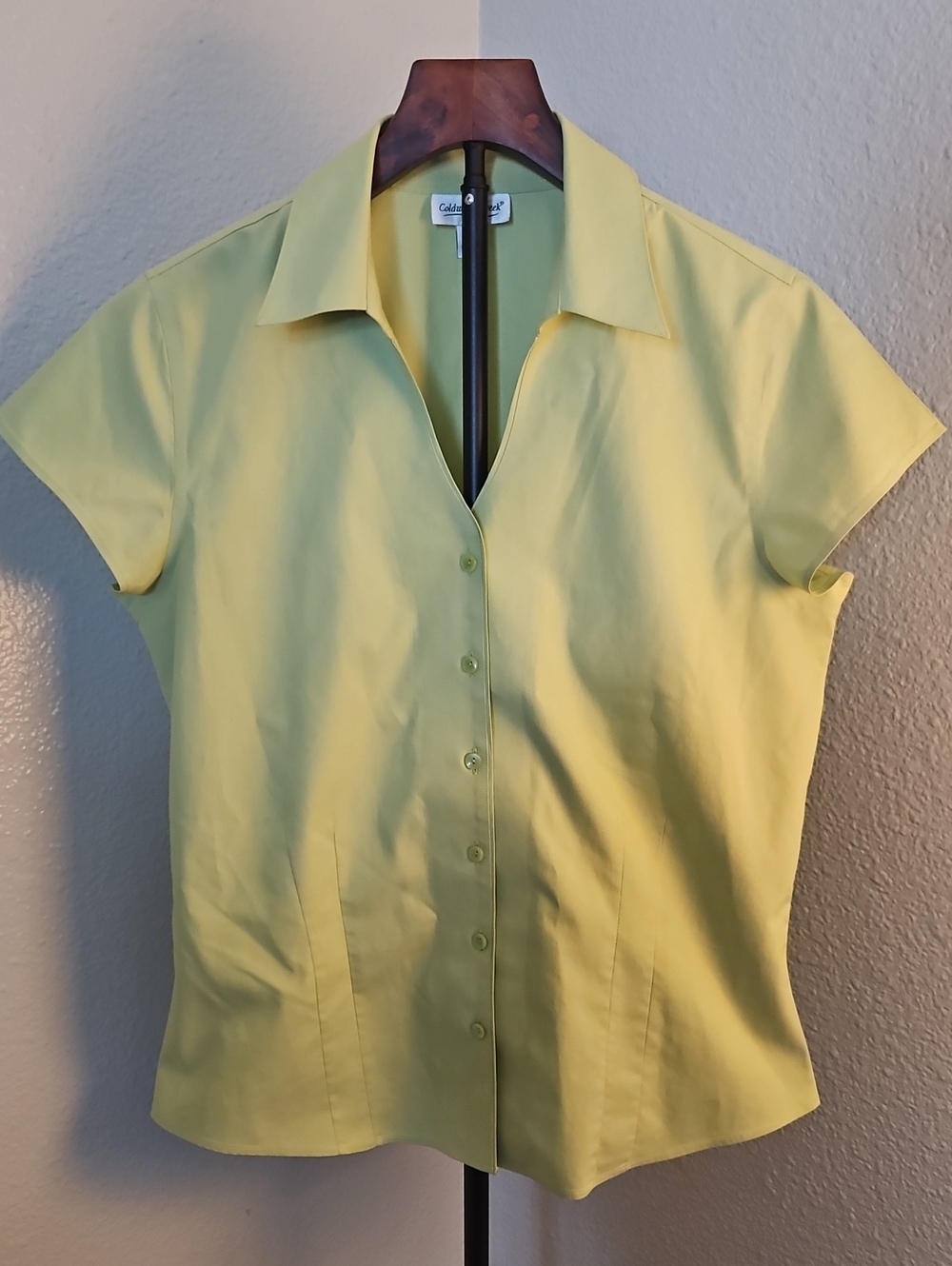 Coldwater Creek Lime Green Short Sleeve Button Down Blouse Shirt 100% Cotton M